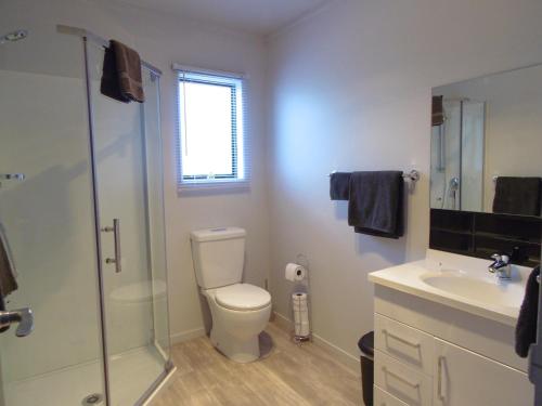 a bathroom with a toilet and a sink and a shower at Glenavys Waitaki River Motor Camp in Glenavy