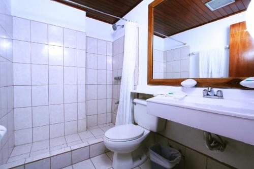 a bathroom with a toilet and a sink and a mirror at Hotel Ambassador in San José