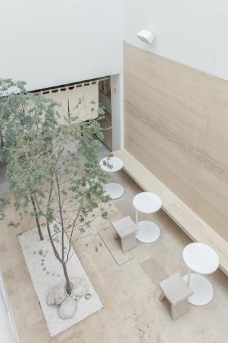 a room with four white tables and a tree at RYO KAN Ciudad de México in Mexico City