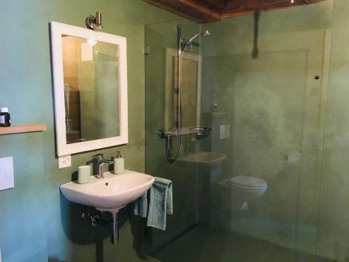 a bathroom with a sink and a shower at Giferspitz Gstaad in Gstaad