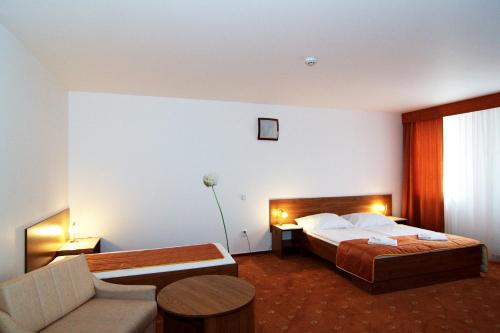 pokój hotelowy z łóżkiem i kanapą w obiekcie Hotel Pod Sluncem w mieście Třebíz