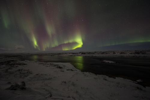 an aurora in the sky over the snow and water at Eldhraun Holiday Home in Kirkjubæjarklaustur