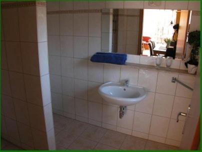 a bathroom with a sink and a mirror at Eule ost und west Ferienhaus im urigen Garten in Zingst