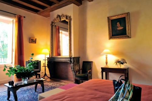 a living room with a bed and a fireplace at Château de la Venerie in Denicé