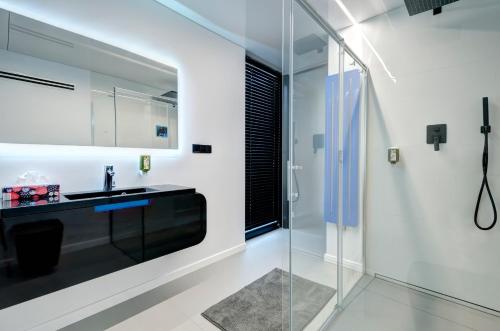 a bathroom with a sink and a shower at Dom na Wodzie - Flohotel in Gdańsk