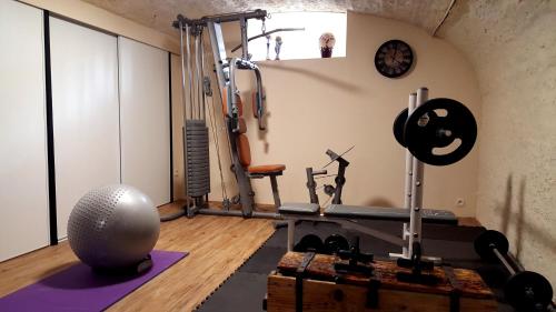 a room with a gym with a treadmill and a exercise bike at Chambres d'Hôtes Maison La Porte Rouge in Niort