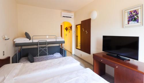 a bedroom with a bed and a tv and a bunk bed at Hotel Villa Isabella in Brenzone sul Garda