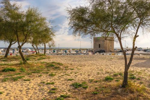 a beach with trees and a building in the background at Andrew'S home - Playita in Torre Pali 