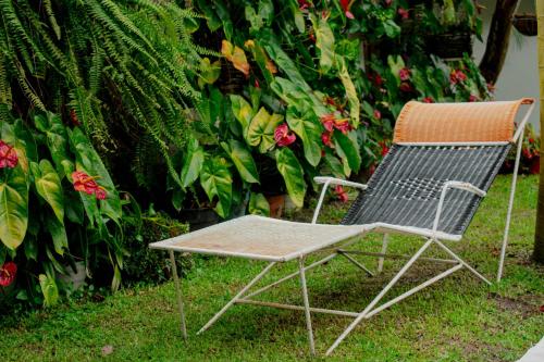 a chair sitting in the grass in front of a garden at Casa El Cedro in Charalá