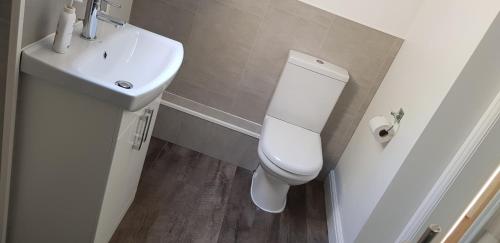 a bathroom with a white toilet and a sink at Rookery Lodge Apartments in Wistaston