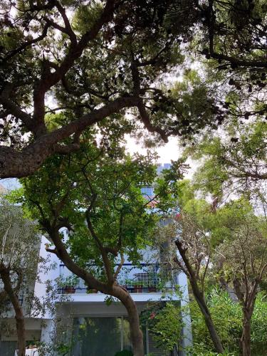 a white building with trees in front of it at Sea-view maisonette at Sounio in Sounio