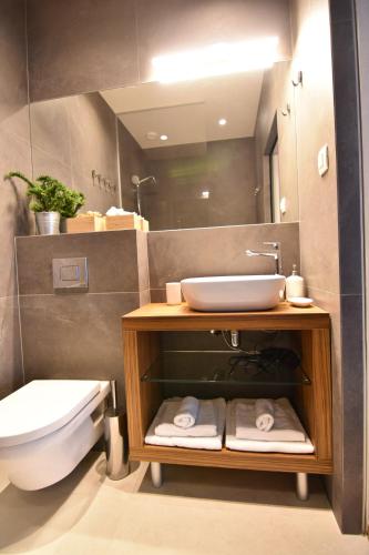 a bathroom with a sink and a toilet at Karlo Main Square Apartments in Zagreb