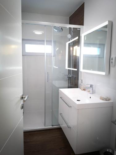 a white bathroom with a shower and a sink at Apartment Mia -V in Zagreb