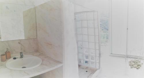 a white bathroom with a sink and a shower at Casa de ls Cristales in Bemposta