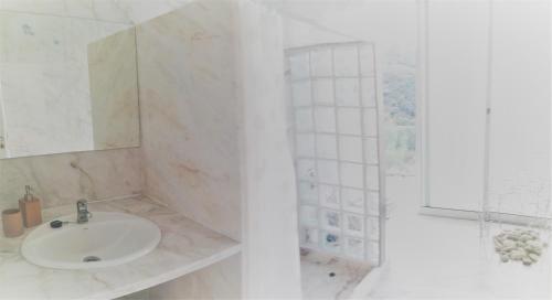 ベンボスタにあるCasa de ls Cristalesの白いバスルーム(シンク、シャワー付)
