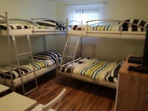 two bunk beds in a room with a desk at hostel52 in Gdańsk