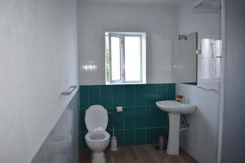 a green and white bathroom with a toilet and a sink at Casa da Guida in Lajes das Flores