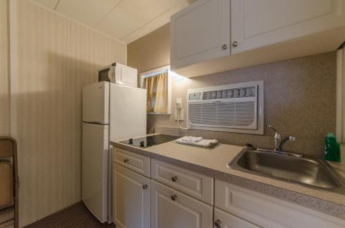 a kitchen with a sink and a white refrigerator at Lark Motel in Stone Harbor