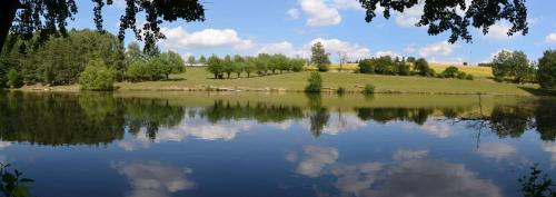 a large lake with trees and clouds in the water at Chalupa Bohunka in Bouzov
