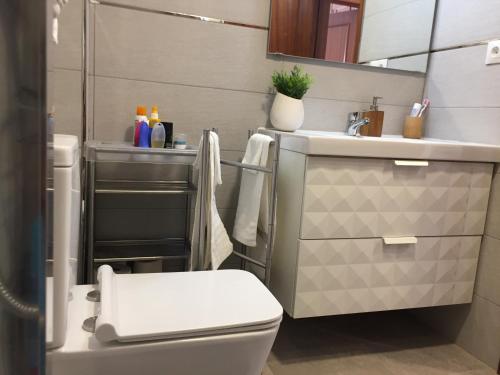 ein Badezimmer mit Toilette und Waschbecken in der Unterkunft El Cortijuelo. Magnificent triplex terraced house with rooftop of 18m2, overlooking the sea. Parking in Torremolinos