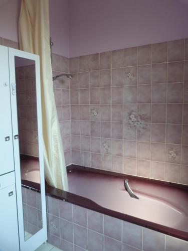 a bathroom with a pink tub and a mirror at Jolie maison de campagne in Lainsecq