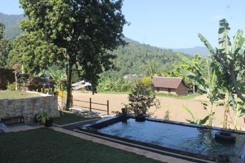 a pool in the yard of a house with a field at Mandhasativa Homestay in Singaraja