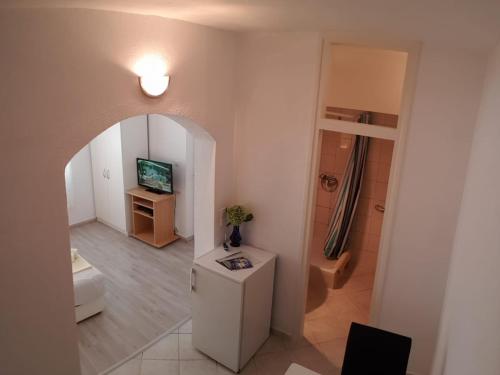 a bathroom with a toilet and a television in a room at Apartmani Jureta in Okrug Gornji