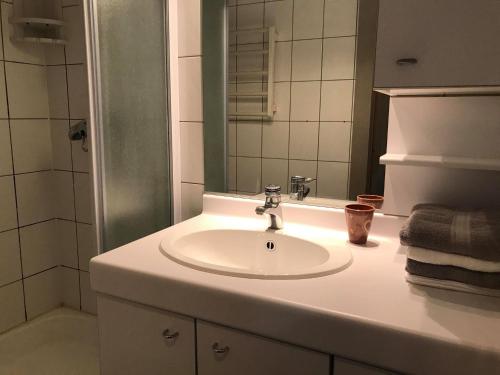 La salle de bains est pourvue d'un lavabo et d'un miroir. dans l'établissement Résidence Chalet La Barallette - Esc'Appart, au Grand-Bornand