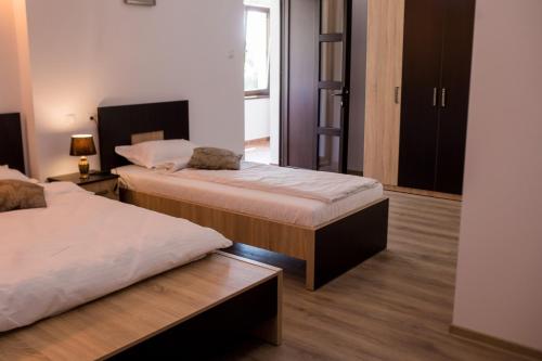 een slaapkamer met 2 bedden en een raam bij Vila Lion in Sebeş