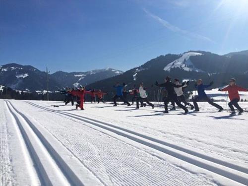 a group of people on skis in the snow at Gemütliche Ferienwohnung Bergwiese, 2-Raum, separates Schlafzimmer, schönen Balkon oder Terrasse, Komfort Ausstattung, ruhige Südlage, kostenfrei WLAN und schöne helle Sauna, Brötchenservice, Parkplatz, Hunde auf Anfrage, E-Tankstelle, Sonnenlage in Balderschwang