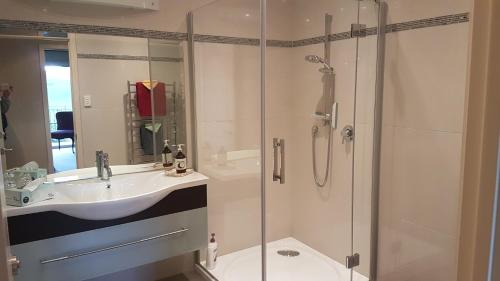 a bathroom with a sink and a glass shower at Carmel Farmstay in Piopio