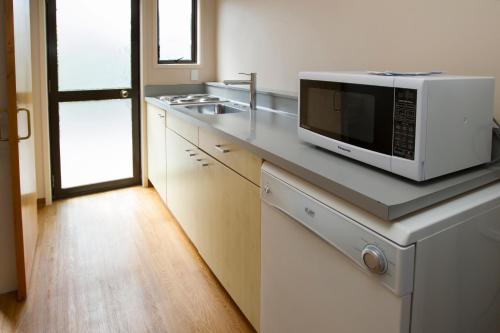 a kitchen with a microwave sitting on a counter at Aspen Manor Motel in Hamilton