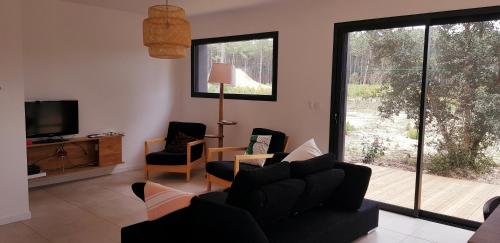 利和米克斯的住宿－Villa cork contis 1，客厅配有沙发、椅子和电视