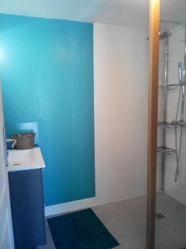 La salle de bains est pourvue d'un mur bleu et d'une douche. dans l'établissement 21 Les Boissières, à Saint-Branchs