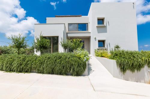 a white house with plants in front of it at Arion Krini villa in Amnátos