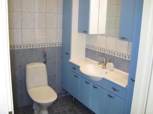 a blue bathroom with a toilet and a sink at Kohtalo Travel Villa - Rautalampi in Hankamäki