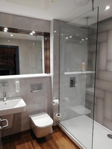 a bathroom with a shower and a toilet and a sink at The Old Borough Hotel - Wetherspoon in Swords