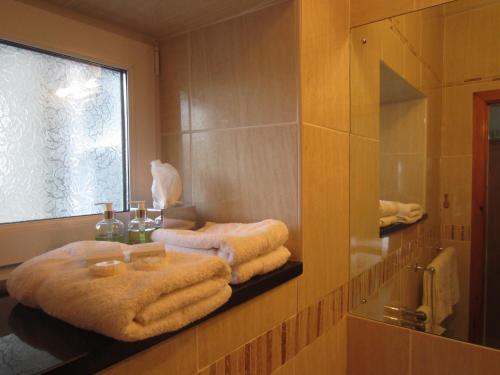 a bathroom with towels on a shelf next to a mirror at Gwrach Ynys Country Guest House in Harlech