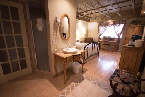 a bathroom with a sink and a bed and a mirror at Hotel des Eskers in Amos