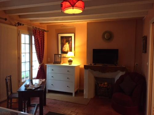 sala de estar con TV y chimenea en La Demeure Saint-Ours, en Loches