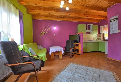 ウストシキ・ドルネにあるCałoroczne domki apartamentowe "Pod lipą" Izabela Konopelskaの緑と紫の壁のリビングルーム(椅子付)