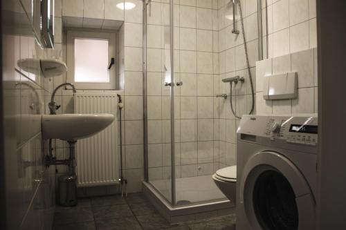 a bathroom with a shower and a washing machine at Hoeve "doodleger" in Vijlen