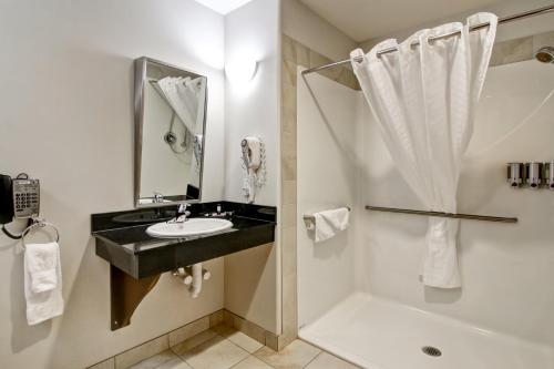 y baño con lavabo y ducha. en Canalta Hotel Moosomin en Moosomin