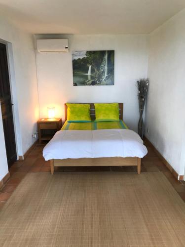 a bedroom with a bed with two lime green pillows at villa fleurie in Le Moule