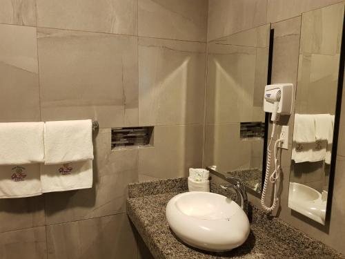a bathroom with a sink and a toilet and a mirror at Hotel Boutique La Toja Campeche in Campeche