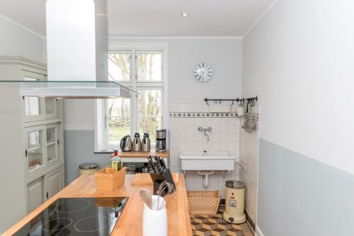 a kitchen with a sink and a counter top at Historisches Bauernhaus Fehmarn in Strukkamp auf Fehmarn