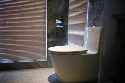 a bathroom with a toilet and a roll of toilet paper at Riverside Peak Lodge Zhangjiajie Wulingyuan National Park in Zhangjiajie