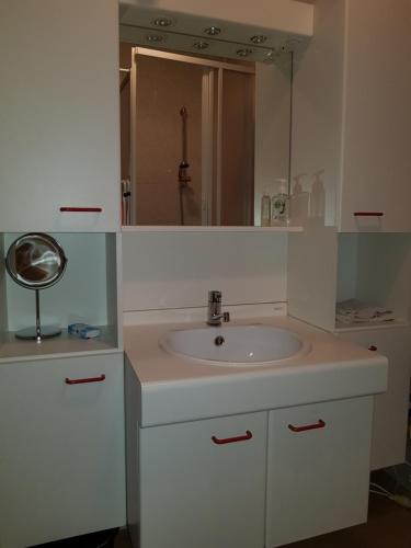 een witte badkamer met een wastafel en een spiegel bij Chalet Lizelle in Durbuy