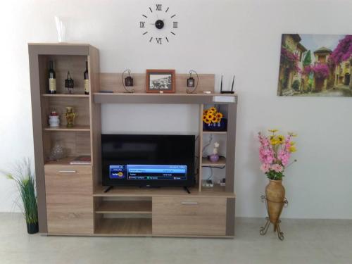 a entertainment center with a television in a living room at Vila Rogač in Tivat