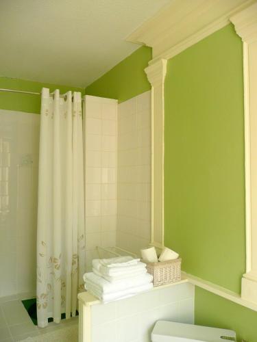 a bathroom with green walls and a shower with towels at Chambres d'hôtes et Roulotte Au Bonheur Du Parc in Le Breuil